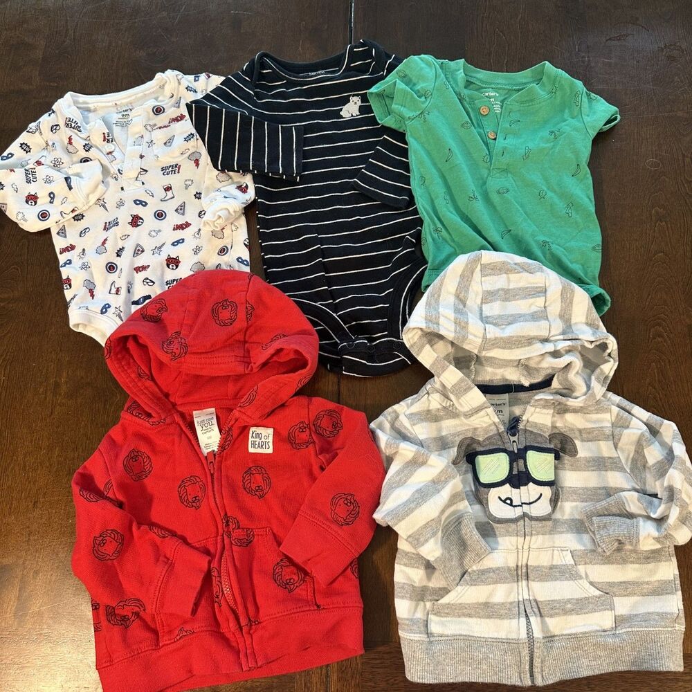 Lot Of 9M Boys Clothes 3 Pairs 9M Jumpers, Two Zip Up Jackets - Carters, Etc